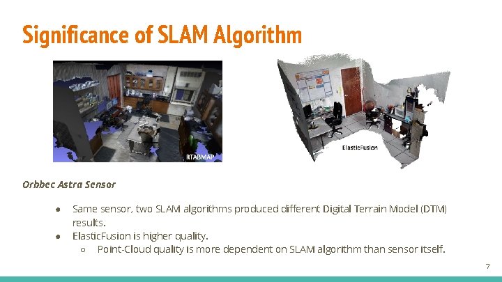 Significance of SLAM Algorithm Orbbec Astra Sensor ● ● Same sensor, two SLAM algorithms