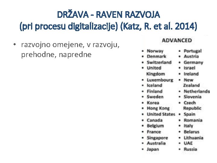 DRŽAVA - RAVEN RAZVOJA (pri procesu digitalizacije) (Katz, R. et al. 2014) • razvojno