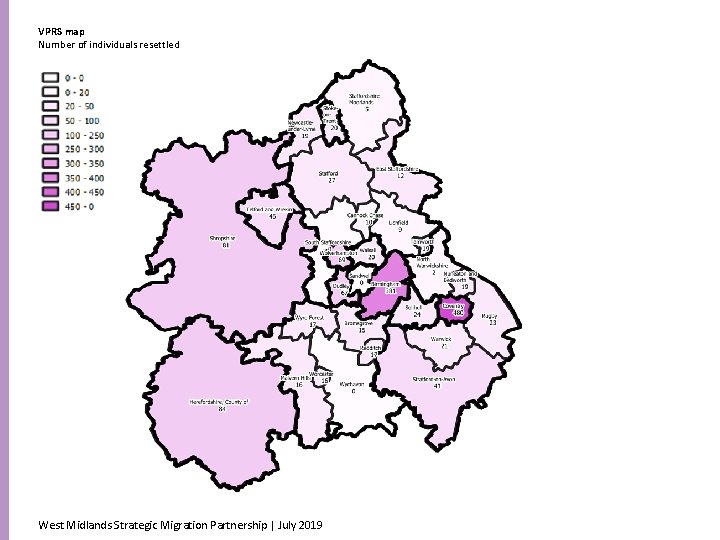 VPRS map Number of individuals resettled West Midlands Strategic Migration Partnership | July 2019