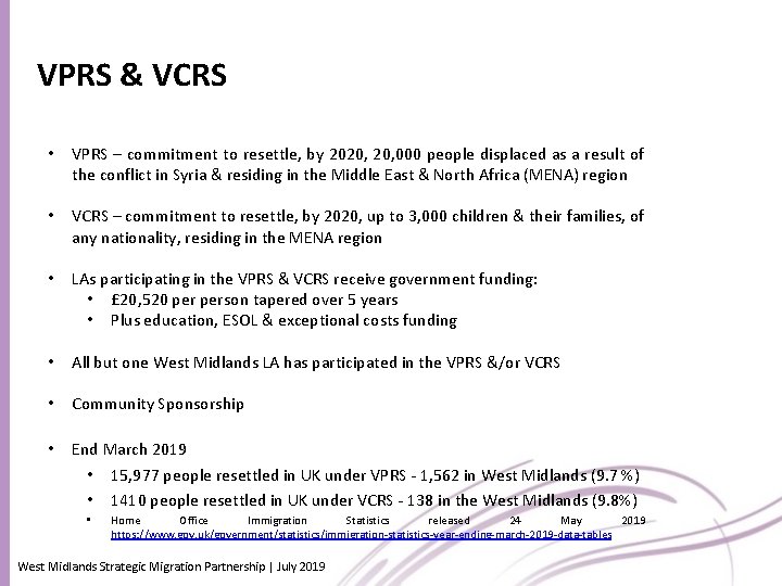 VPRS & VCRS • VPRS – commitment to resettle, by 2020, 000 people displaced