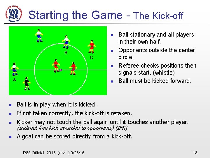Starting the Game - The Kick-off n n Ball stationary and all players in