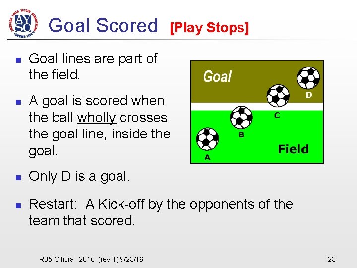 Goal Scored [Play Stops] n n Goal lines are part of the field. A