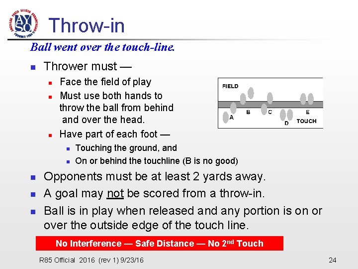 Throw-in Ball went over the touch-line. n Thrower must — n n n Face