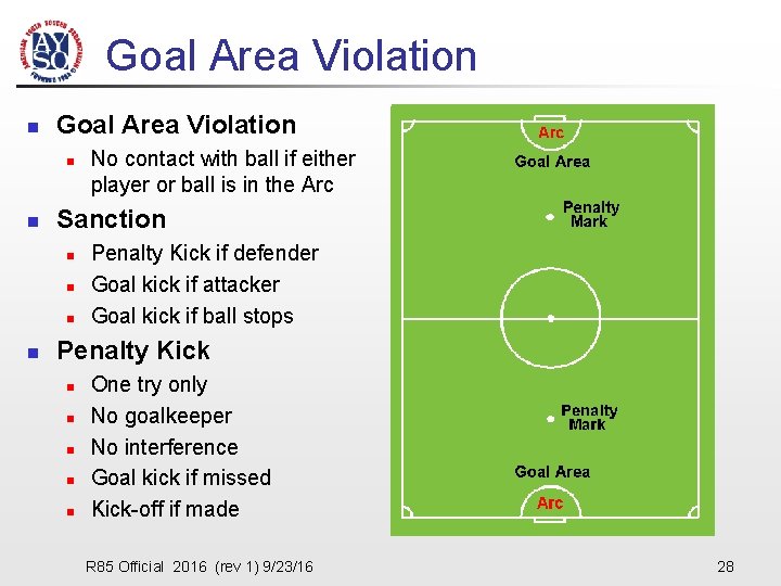 Goal Area Violation n n Sanction n n No contact with ball if either