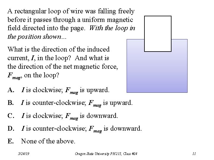 A rectangular loop of wire was falling freely before it passes through a uniform