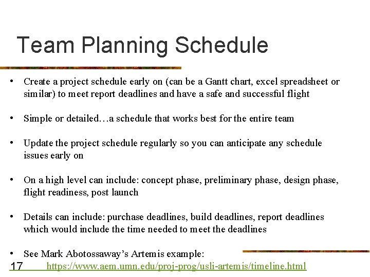 Team Planning Schedule • Create a project schedule early on (can be a Gantt