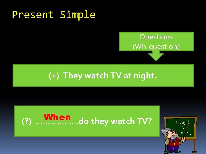 Present Simple Questions (Wh-question) (+) They watch TV at night. When (? ) ………………do
