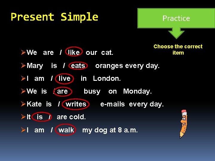 Present Simple Practice ØWe are / like our cat. ØMary is / eats ØI