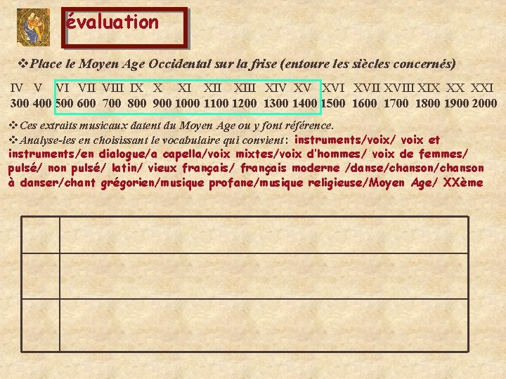 évaluation v. Place le Moyen Age Occidental sur la frise (entoure les siècles concernés)
