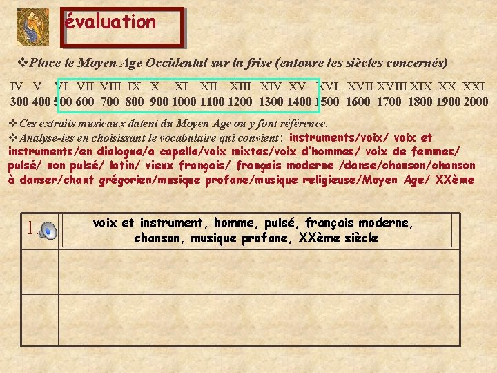 évaluation v. Place le Moyen Age Occidental sur la frise (entoure les siècles concernés)