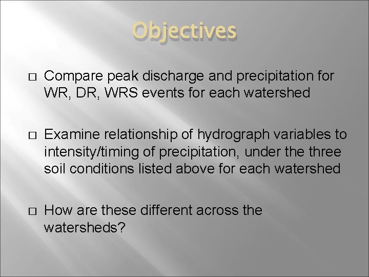 Objectives � Compare peak discharge and precipitation for WR, DR, WRS events for each