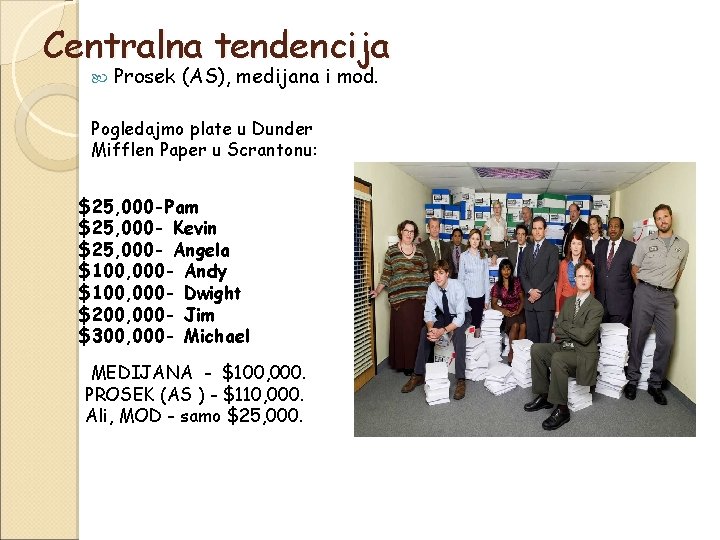 Centralna tendencija Prosek (AS), medijana i mod. Pogledajmo plate u Dunder Mifflen Paper u