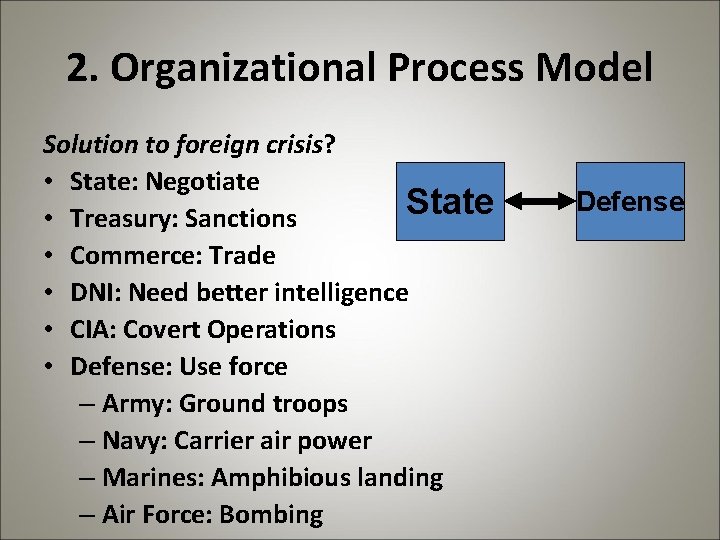 2. Organizational Process Model Solution to foreign crisis? • State: Negotiate State • Treasury: