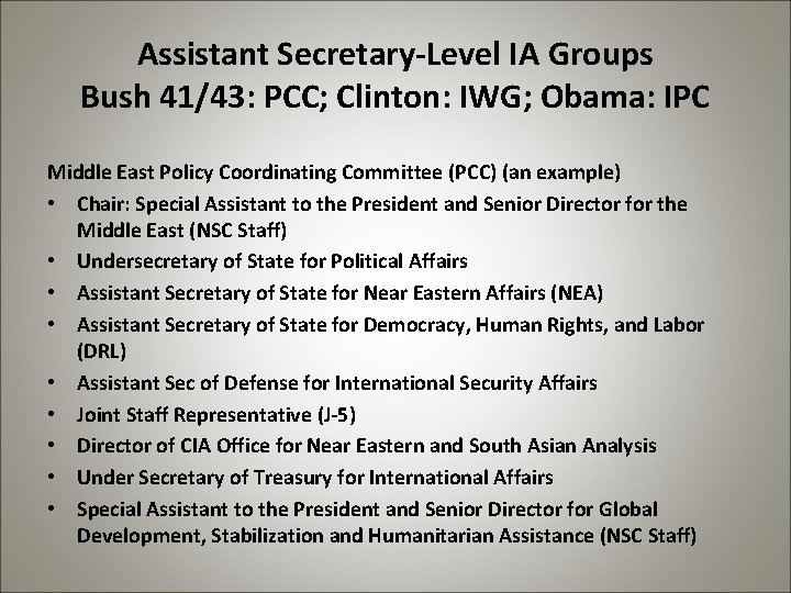 Assistant Secretary-Level IA Groups Bush 41/43: PCC; Clinton: IWG; Obama: IPC Middle East Policy