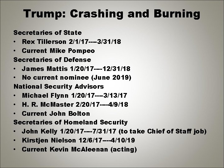 Trump: Crashing and Burning Secretaries of State • Rex Tillerson 2/1/17 ----3/31/18 • Current