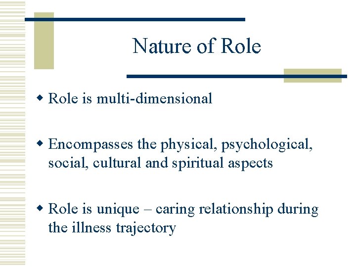 Nature of Role w Role is multi-dimensional w Encompasses the physical, psychological, social, cultural