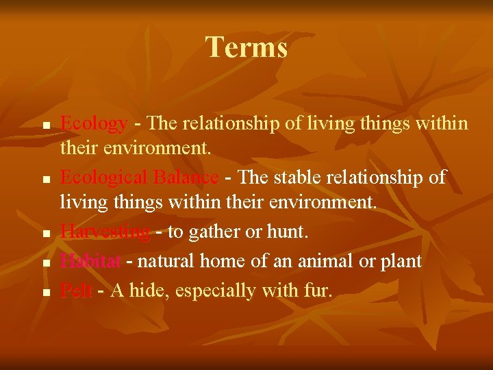 Terms n n n Ecology - The relationship of living things within their environment.