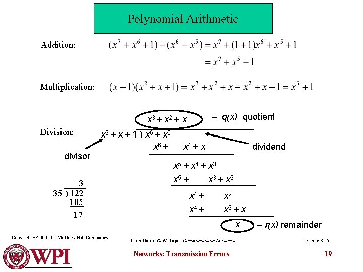 Polynomial Arithmetic Addition: Multiplication: = q(x) quotient x 3 + x 2 + x