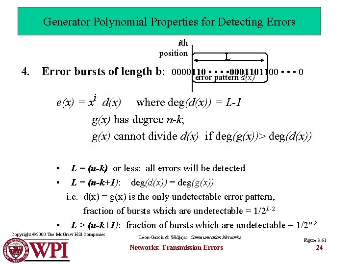 Generator Polynomial Properties for Detecting Errors ith position L 4. Error bursts of length