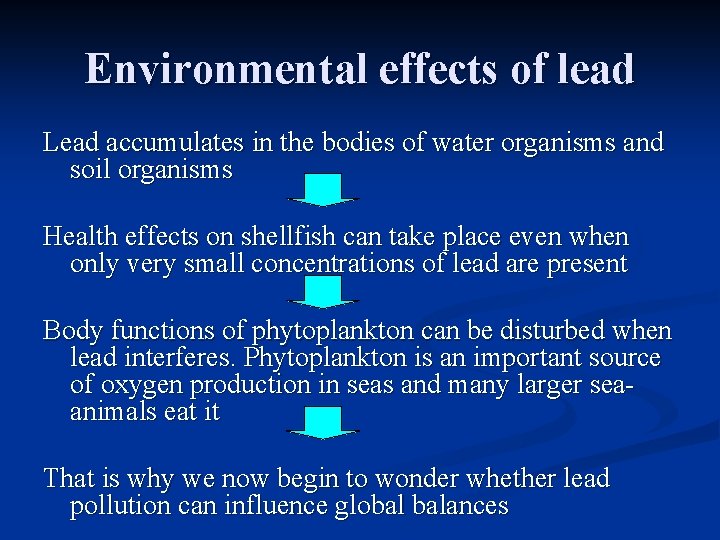 Environmental effects of lead Lead accumulates in the bodies of water organisms and soil