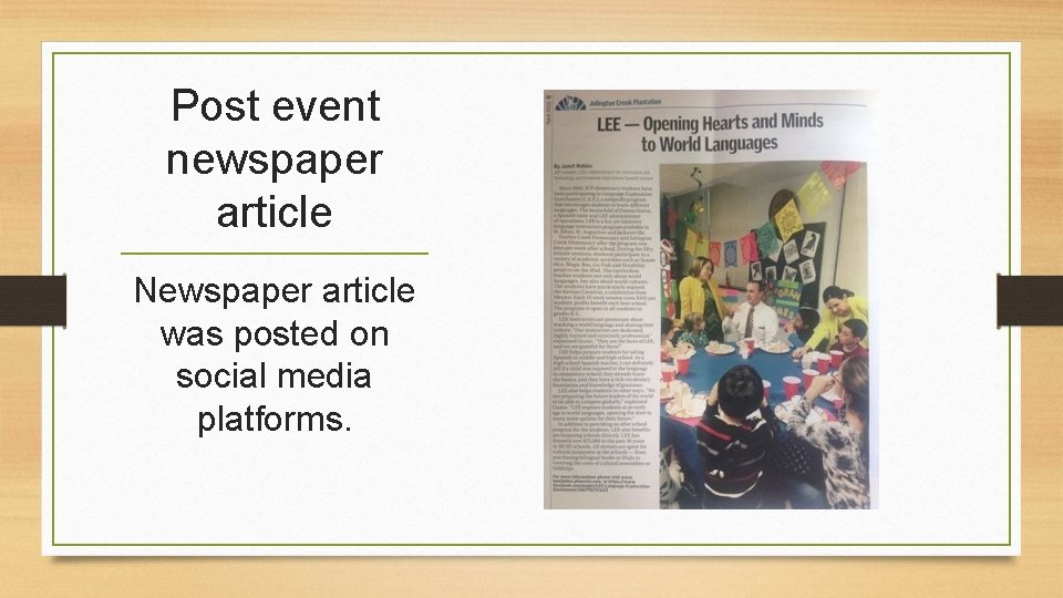 Post event newspaper article Newspaper article was posted on social media platforms. Post event newspaper article Newspaper article was posted on social media platforms.