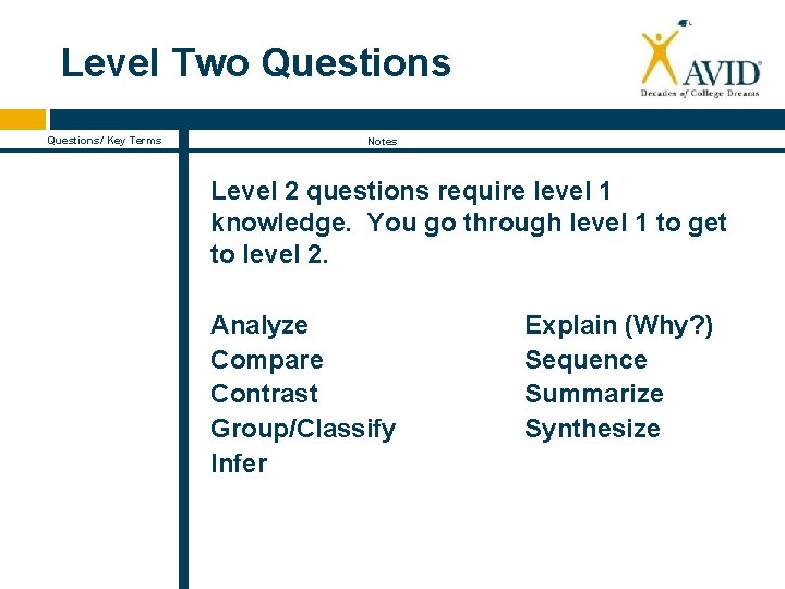 Level Two Questions/ Key Terms Notes Level 2 questions require level 1 knowledge. You
