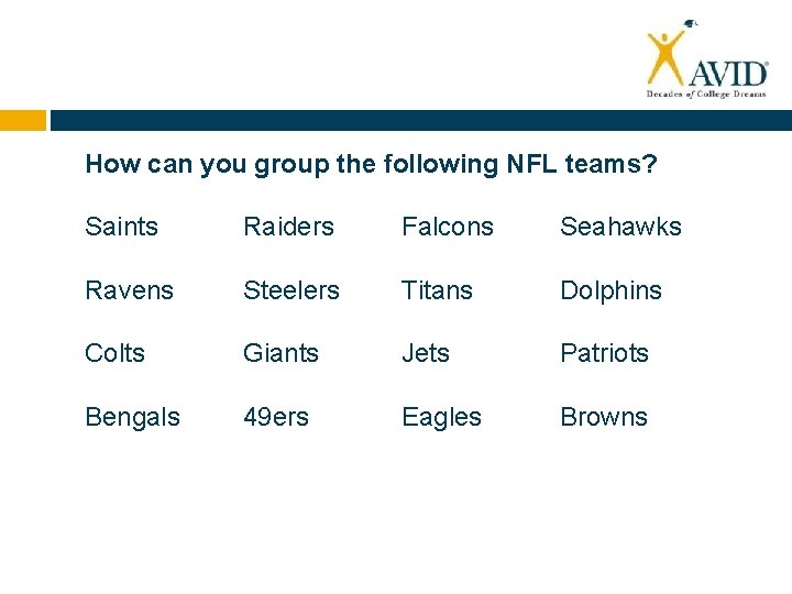 How can you group the following NFL teams? Saints Raiders Falcons Seahawks Ravens Steelers