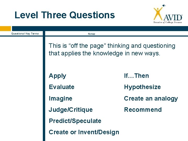 Level Three Questions/ Key Terms Notes This is “off the page” thinking and questioning