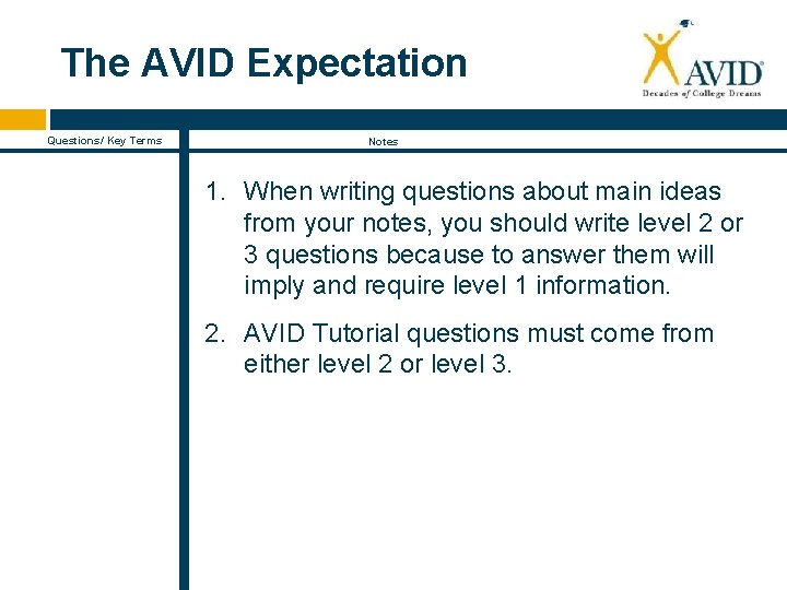 The AVID Expectation Questions/ Key Terms Notes 1. When writing questions about main ideas