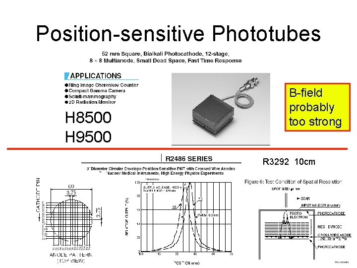 Position-sensitive Phototubes H 8500 H 9500 B-field probably too strong R 3292 10 cm Position-sensitive Phototubes H 8500 H 9500 B-field probably too strong R 3292 10 cm