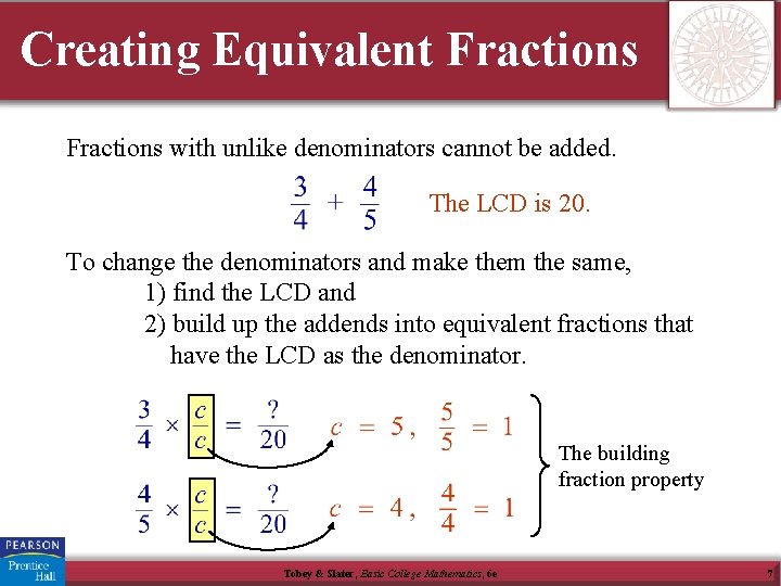 Creating Equivalent Fractions with unlike denominators cannot be added. The LCD is 20. To