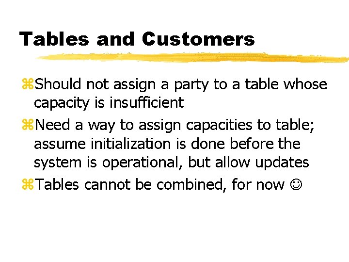 Tables and Customers z. Should not assign a party to a table whose capacity