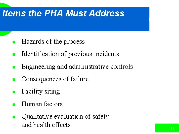 Items the PHA Must Address n Hazards of the process n Identification of previous