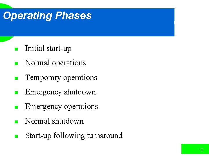 Operating Phases n Initial start-up n Normal operations n Temporary operations n Emergency shutdown