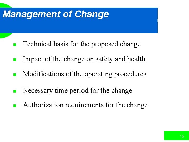 Management of Change n Technical basis for the proposed change n Impact of the