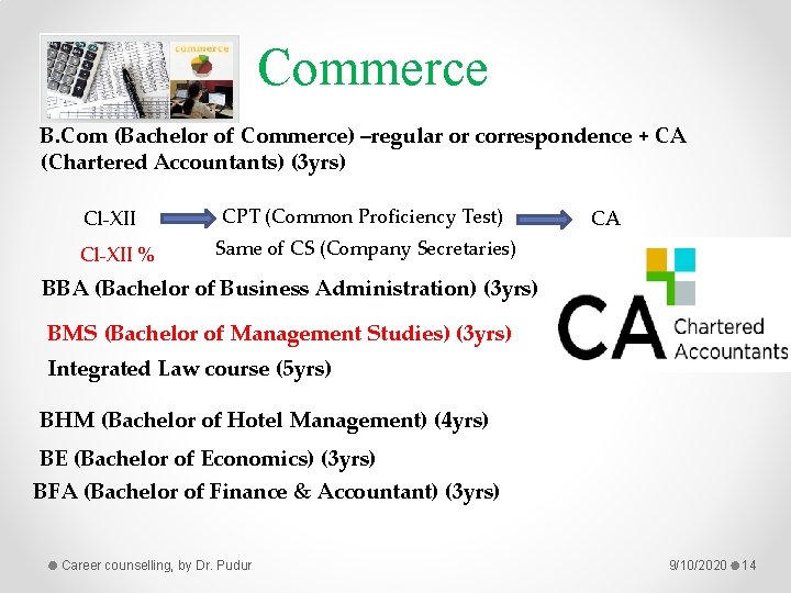 Commerce B. Com (Bachelor of Commerce) –regular or correspondence + CA (Chartered Accountants) (3