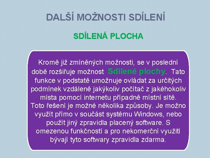 DALŠÍ MOŽNOSTI SDÍLENÍ SDÍLENÁ PLOCHA Kromě již zmíněných možnosti, se v poslední době rozšiřuje