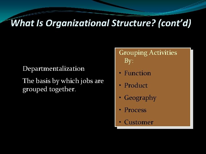 What Is Organizational Structure? (cont’d) Departmentalization The basis by which jobs are grouped together. What Is Organizational Structure? (cont’d) Departmentalization The basis by which jobs are grouped together.