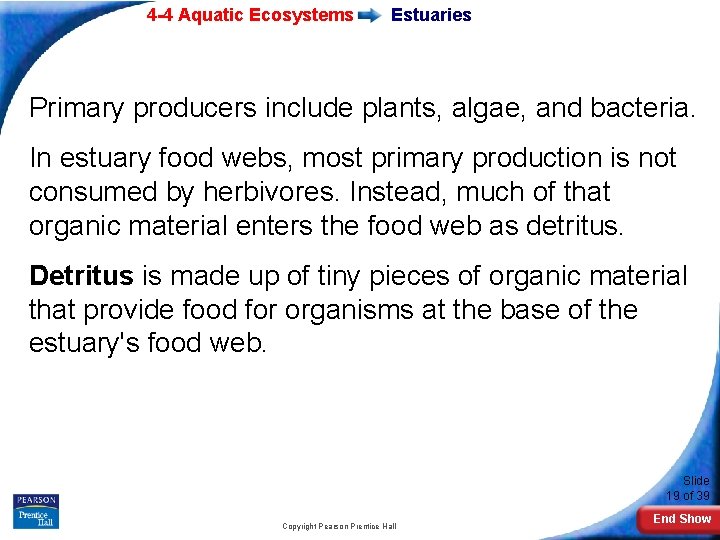 4 -4 Aquatic Ecosystems Estuaries Primary producers include plants, algae, and bacteria. In estuary