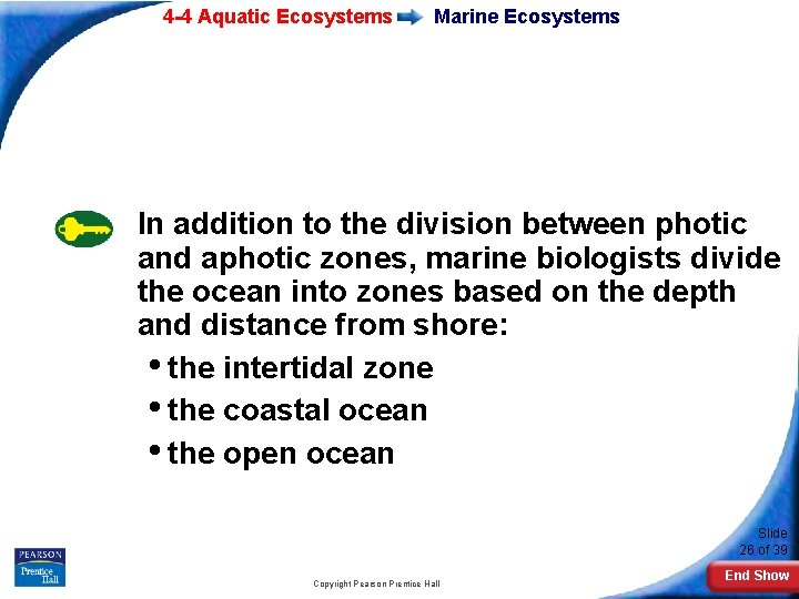 4 -4 Aquatic Ecosystems Marine Ecosystems In addition to the division between photic and