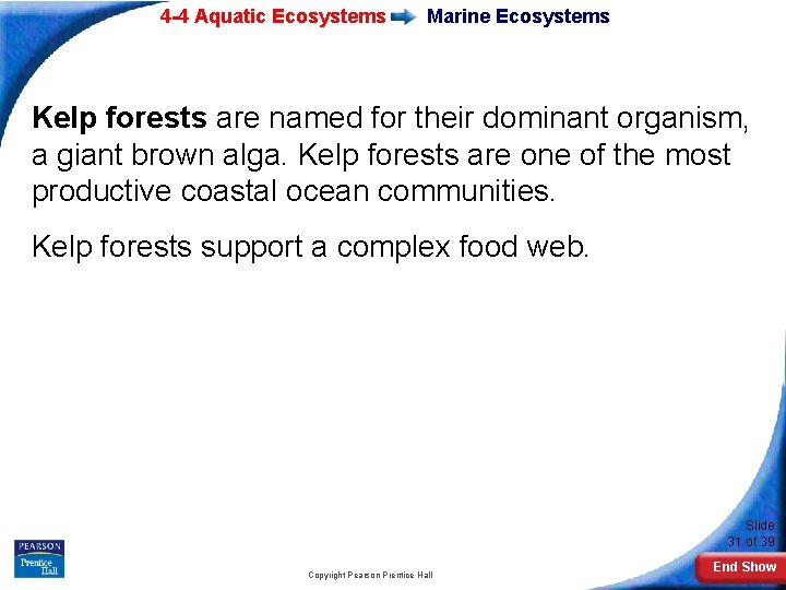 4 -4 Aquatic Ecosystems Marine Ecosystems Kelp forests are named for their dominant organism,