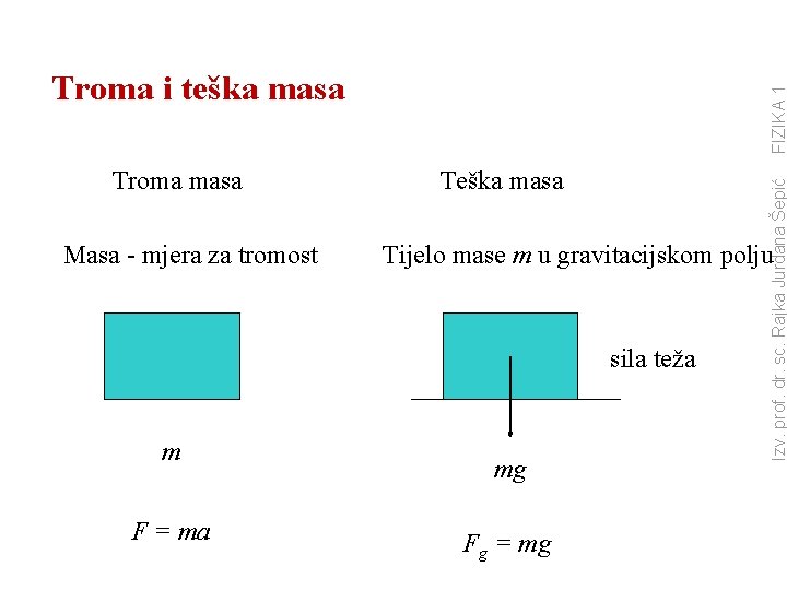 Masa - mjera za tromost Teška masa Tijelo mase m u gravitacijskom polju sila