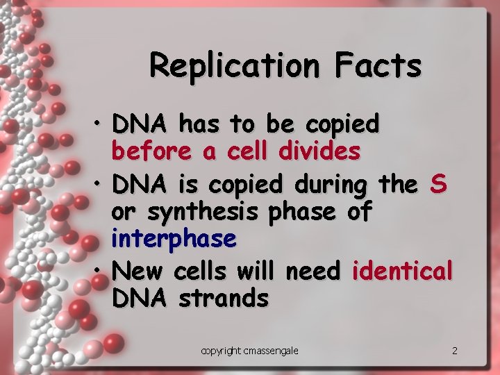 Replication Facts • DNA has to be copied before a cell divides • DNA Replication Facts • DNA has to be copied before a cell divides • DNA