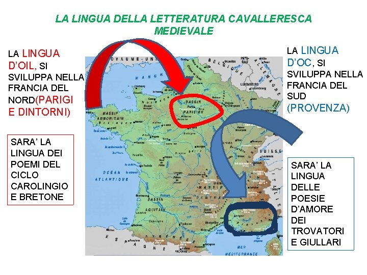 LA LINGUA DELLA LETTERATURA CAVALLERESCA MEDIEVALE LA LINGUA D’OIL, SI SVILUPPA NELLA FRANCIA DEL