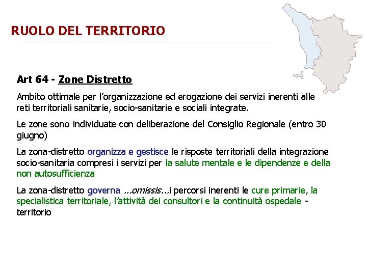 RUOLO DEL TERRITORIO Art 64 - Zone Distretto Ambito ottimale per l’organizzazione ed erogazione