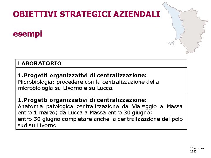 OBIETTIVI STRATEGICI AZIENDALI esempi LABORATORIO 1. Progetti organizzativi di centralizzazione: Microbiologia: procedere con la