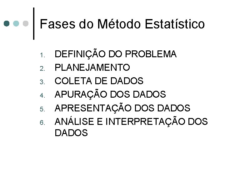 Fases do Método Estatístico 1. 2. 3. 4. 5. 6. DEFINIÇÃO DO PROBLEMA PLANEJAMENTO