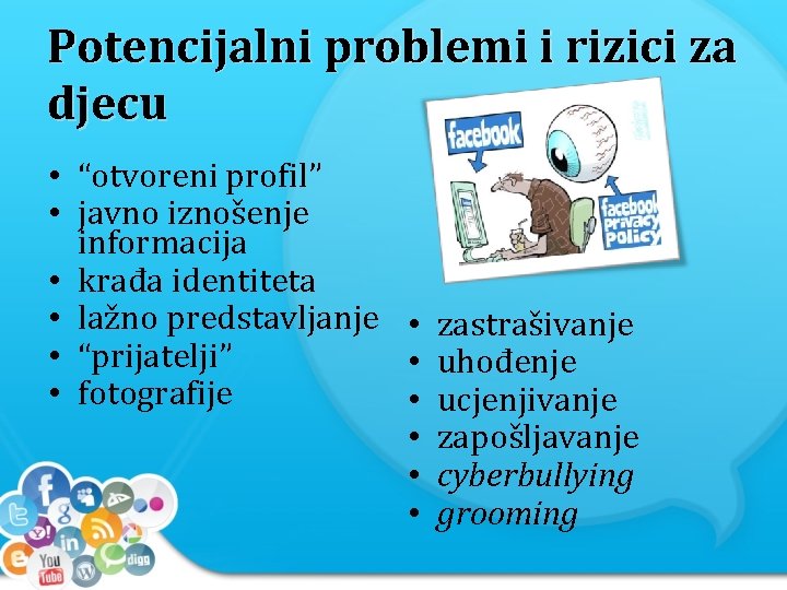 Potencijalni problemi i rizici za djecu • “otvoreni profil” • javno iznošenje informacija •