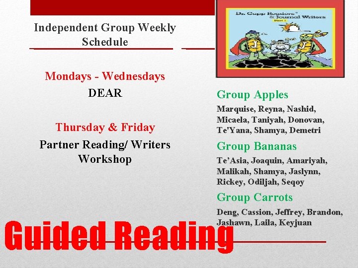 Independent Group Weekly Schedule Mondays - Wednesdays DEAR Thursday & Friday Partner Reading/ Writers