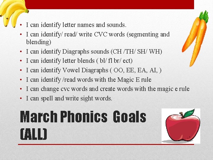  • I can identify letter names and sounds. • I can identify/ read/